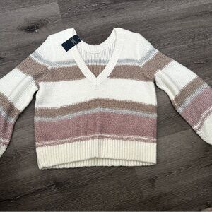 Abercrombie & Fitch V-Neck Sweater - Cream, Pink, and Brown